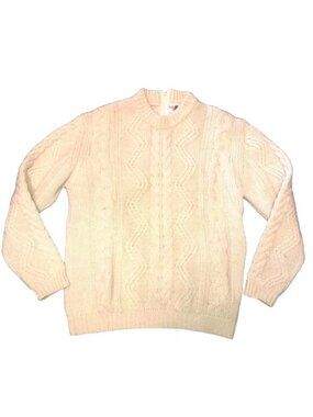 Vtg Tally Ho Cable Knit Sweater Sz L 100% Virgin Wool Cream Back Zip Hong Kong